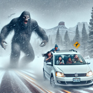 "Depict a large, humanoid sasquatch with dense black hair in the...