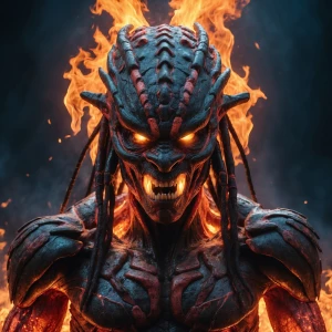 Double exposure horror fire entity, in the style of Yautja's (Hu...
