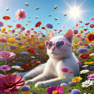 A white cat sporting pink glasses, sitting in a vibrant, colorfu...
