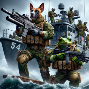 There are two US Navy sailors in battle gear, the navy sailors are a pitbull and Pepe, they are standing in two different directions. They are shooting 50 caliber, machine guns. They are in their Navy seal boat. The boat is making waves. There are also divers on the boat getting ready to dive in the water .