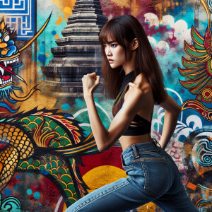 Very thin Athletic Thin skinny Attractive, Asian teenage girl, long brown hair and bangs, wearing tight skinny jeans and a halter top paint marks on her clothing, sitting side view heroic pose Asian graffiti