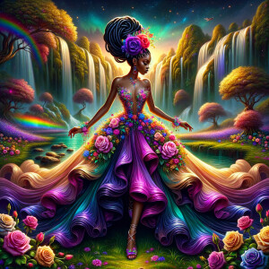 Remix Prompt
S/O Jackie Torres
S/O Panda Locke

create a animated style hyper realistic airbrush whimsical oil painting of a light African American woman wearing a flawless beautiful purple, pink, and gold blossom dress long flowing with colorful flowers and ruffles on the dress colorful jewelry made of flowers she has long black dreadlocks in a bun a colorful rose in her hair her peep toe shoes is matching her dress behind her is a beautiful waterfall liquid glowing lights beautiful colorful rainbow surrounded by beautiful roses.