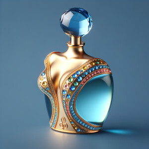 Create a 3-D realistic gold and blue, colorful jewels perfume b...