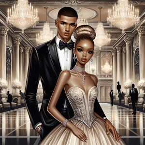 A light skin African American couple at a fancy ballroom event....