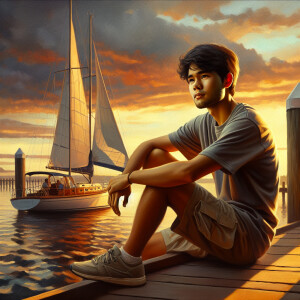 Realistic, oil painting Of a young man Sitting on a dock, Man is...