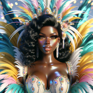 Create a 3-D  vivid full-body view of a colorful glossy hyper-realistic oil painting of a detailed illustration full length photo single image of a beautiful African-American caramel skinned woman plus sized, with long, black, wavy hair, her make up is airbrushed and flawless, she is dressed in a white, teal and yellow large, elaborate, elegant, very detailed carnival costume with colorful African-American pink, blue, gold yellow green feathers, flawless makeup, prominent lashes, black peep toe heels, white pixie hair, background bokeh, she is stunning and smiling, digital art.