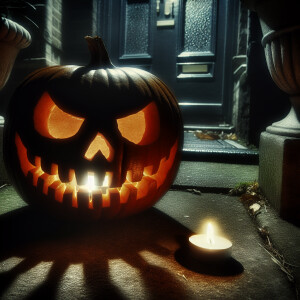 "On the doorstep under the pale moonlight, a lone carved pumpkin...