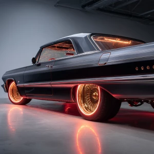 A stunning 64 Chevy impala on Dayton 100 spoke 20 inch gold rims...