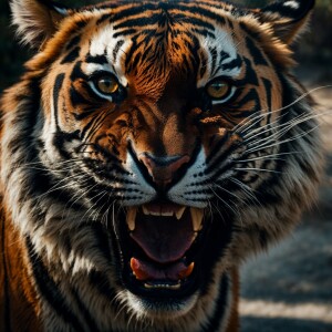 Realistic tiger roaring, side close up view