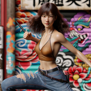 Athletic Thin skinny Attractive, Asian teenage girl, long brown hair and bangs, wearing tight skinny jeans and a halter top paint marks on her clothing, heroic pose Asian graffiti background