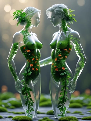 Create a 3D digital art piece featuring a male and female figure...