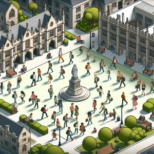 "A high-angle view of a stop-motion university quad, full of students laughing, chatting, and walking across campus"