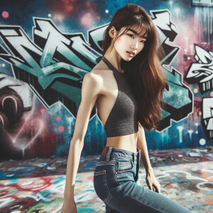 Very thin Athletic Thin skinny Attractive, Asian teenage girl, long brown hair and bangs, wearing tight skinny jeans and a halter top paint marks on her clothing, heroic sideways pose Asian graffiti background