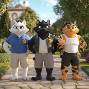 Image is a 3d animation featuring three anthropomorphic cats sta...
