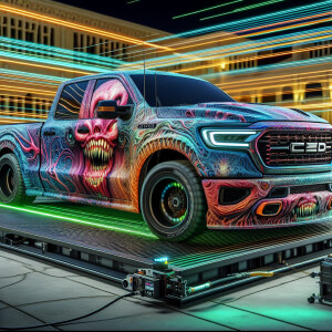 Generate an 8K UHD image of a Dodge Ram truck artistically trans...