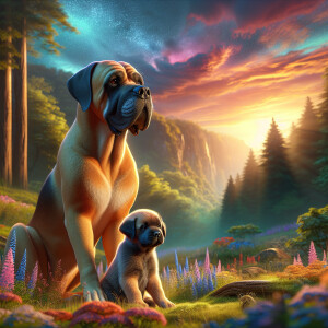 A Female Boerboel dog with her puppy next to her 3D Photolistic...