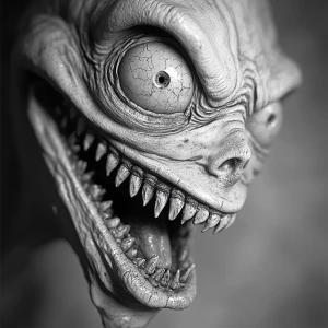 Surreal close-up photograph of a alien face where the mouth is t...