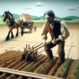 make a stop motion a man in the 1800 in the usa han he is farmin...