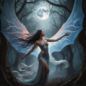 "Visualize an enchanting scene set in an ancient, moonlit grove...