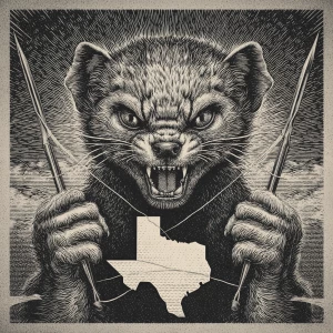 A anthropomorphic mongoose with a wild, crazy smile and intense...