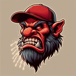 Generate an image depicting a troll mid-spit, with a clear scowl...