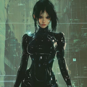 A petite but fierce cybernetic woman,  technological background