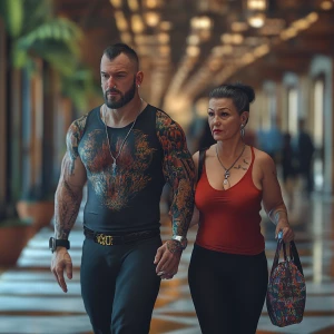 Hyperrealistic  1:1.A sweaty  man walking with his 54 year old m...