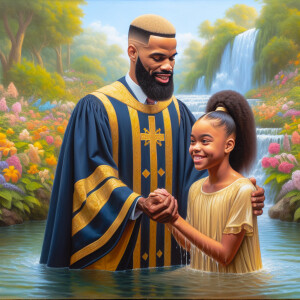 An oil painting of a light-skinned African-American pastor with...