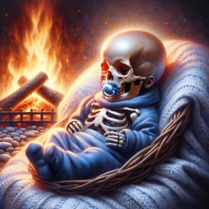 A soft, airbrush oil painting of a newborn skeleton baby, peacef...