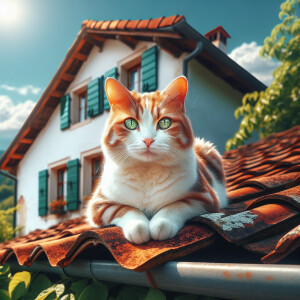 A cat sitting on top of a house