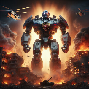 Russia as a transformer character, adorned with Russian national...