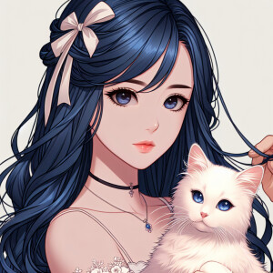 Realistic anime woman with dark blue hair and dark brown eyes. S...