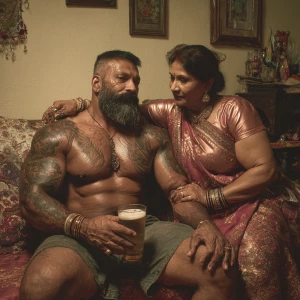 Realism, photo painting.a muscular beefy sweaty tattoed indian m...