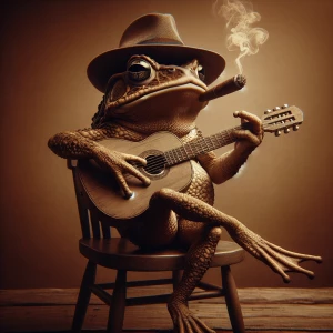 Anthropomorphic toad wearing a fedora, sitting on a stool, smoking a cigar, and strumming an acoustic guitar.