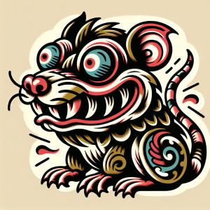 A cartoonish rat fink with bulging eyes in a old school tattoo s...