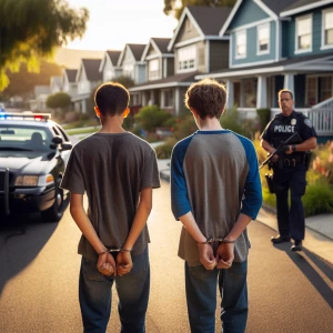 Image of two handcuffed 15-year-old  Caucasian boys with their h...