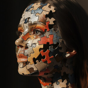 A woman with a perfectly realistic body, but her face is made of...