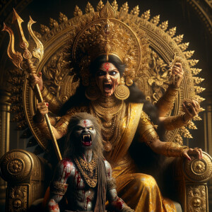 portrait of angry looking goddess durga sitting on a gold crown and carrying a weak mahishasur on her lap and stabbing him with her amazingly designed trident. She is wearing gold armor, a huge gold crown, gold saree, abundant  gold jewelry, covered in blood. The scene is set in ancient India. The image is 8K resolution, cinematic, ultra detailed face and epic.