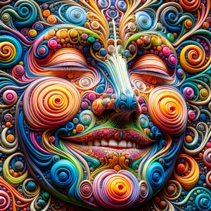 Create a 3D 8K UHD image of a large smiling face composed of fre...