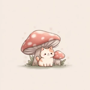 Cat under mushroom, kawaii style, pastels, white background