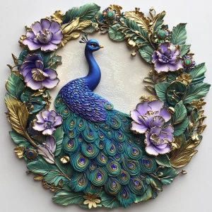 A beautiful peacock. Blues, greens, purples with gold leaf accen...