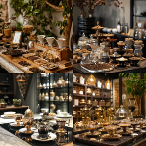 Design an elegant coffee tasting event setup, with an array of d...