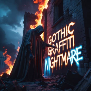 "Imagine a sinister being, cloaked in shadow, poised before a burning building, flames casting an eerie glow against the night sky. With deliberate, ghostly grace, it spray-paints the words 'Gothic Graffiti NIGHTMARE' in pulsating neon blue across the crumbling facade. The letters sizzle ominously, juxtaposed against the angry reds and oranges of the inferno. This spectral figure, shrouded in mystery and darkness, embodies chaos and creativity, leaving a chilling, unforgettable mark as the world around it burns."