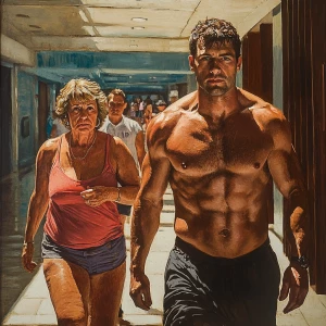 Sharp painting,A man  muscular beefy sweat walking with his  54...