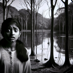 A girl stands in horror near a terrible lake