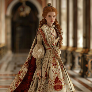 Create a photorealistic image of a light ginger-haired model wal...