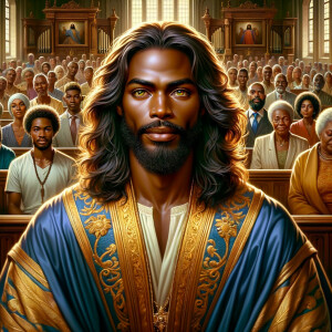 Illustrate an inspiring African-American Jesus crust with a dign...