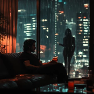 Create a dramatic and atmospheric image of an upscale high-rise...