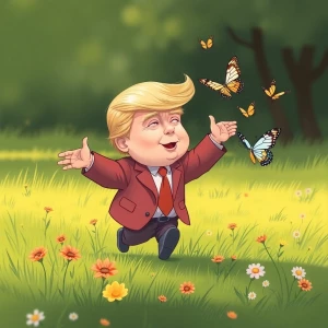 baby Trump runs on the grass and catches butterflies, the charac...