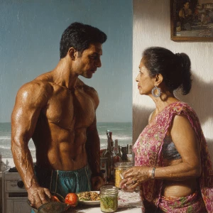 Hyperrealism photo painting.a muscular sweaty indian man stand...